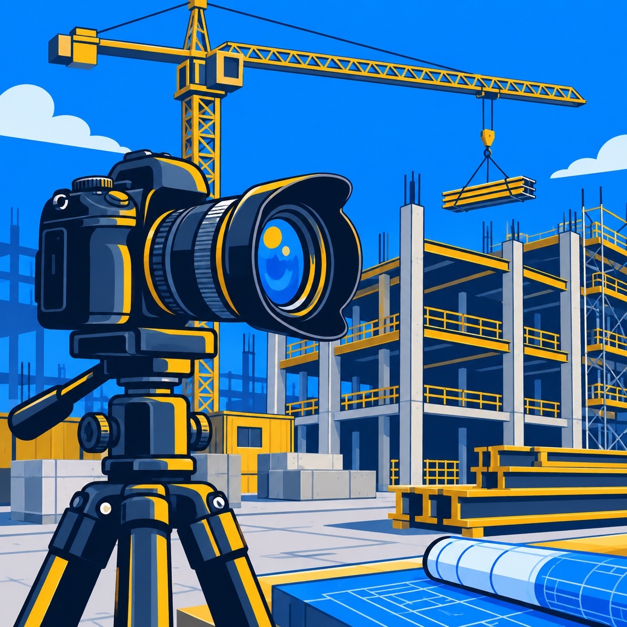 Blue-and-gold brand illustration of a professional camera on a tripod beside a crane and a building under construction.
