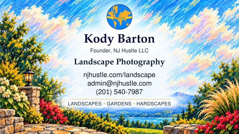 Back of the business card. Kody Barton, Founder, NJ Hustle LLC. Landscape Photography. njhustle.com/landscape. admin@njhustle.com. (201) 540-7987.
