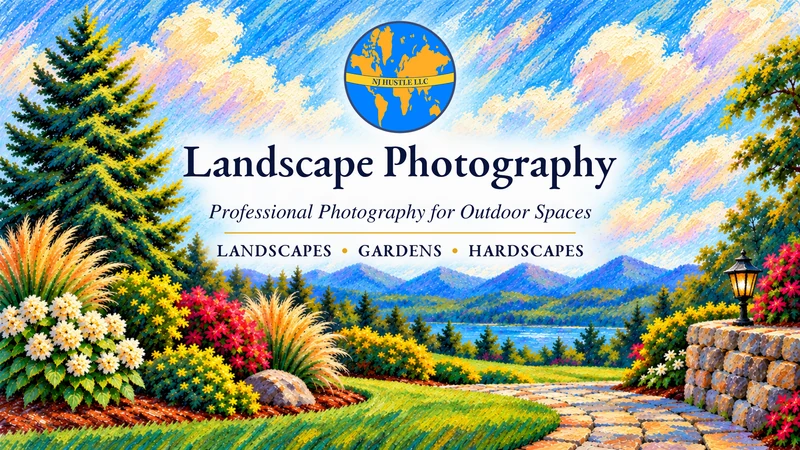 Front of NJ Hustle LLC's business card. Landscape Photography. Professional Photography for Outdoor Spaces. Landscapes, Gardens, Hardscapes.